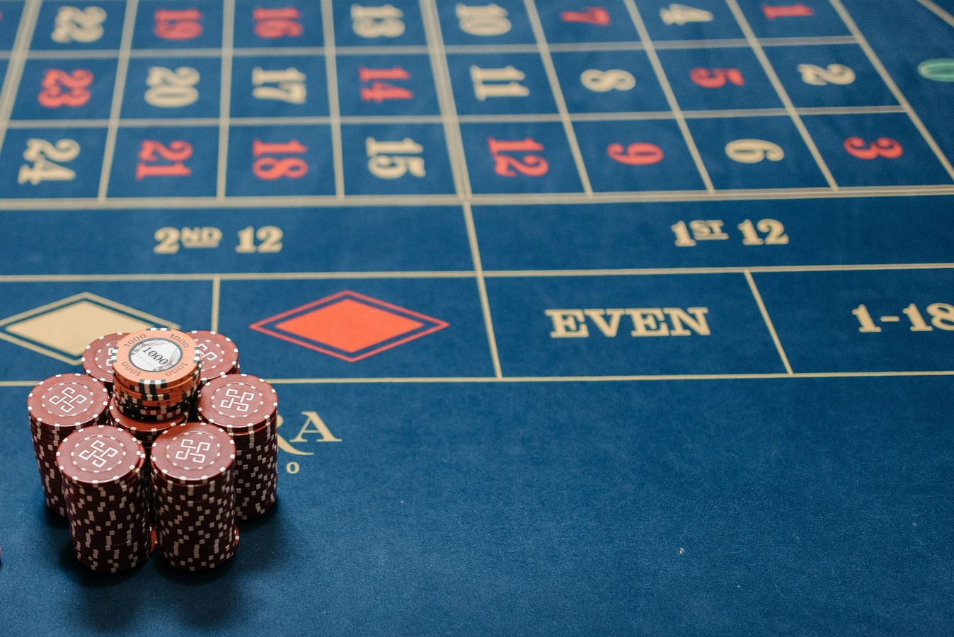 Poker table with chip stacks and dealer button in position